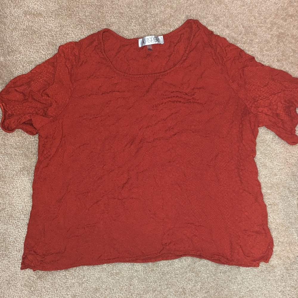 Kasper, burnt sienna, animal print texture, short sleeve ruffle shirt-women's Xl